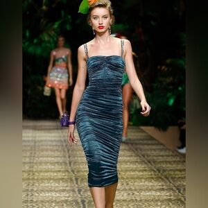 NWT Dolce & Gabbana Lame Satin Longuette Midi Dress Strapless Ruched Sz 40